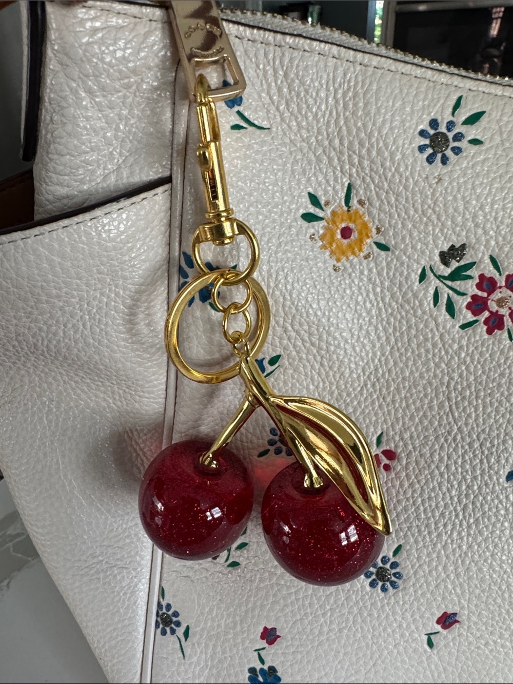 Cherry Charm Keychain Bag Charm in Red and Gold Hardware NWOT - Picture 2 of 4